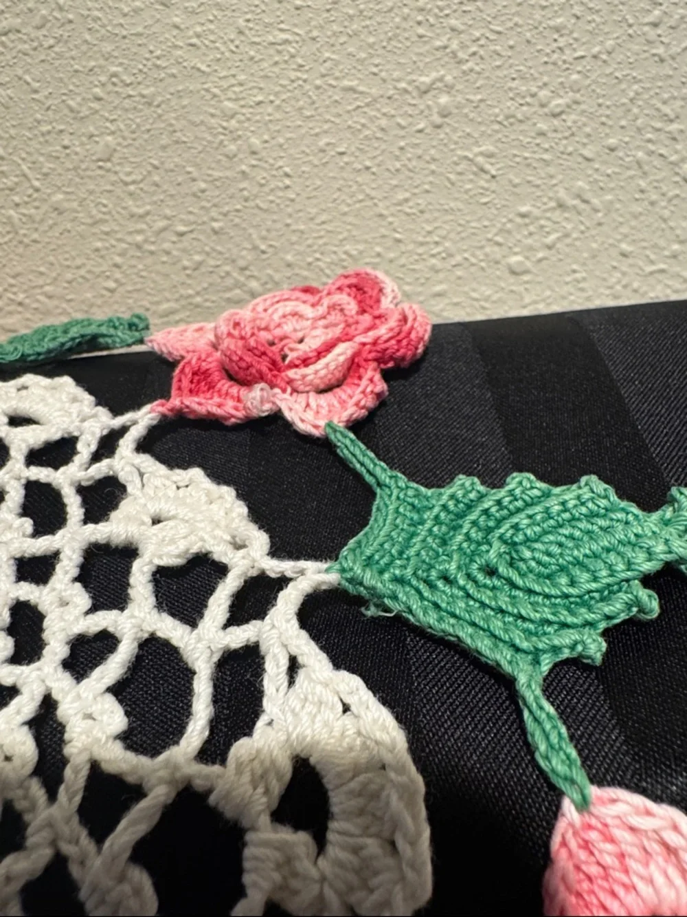 Handmade Irish Rose Crochet Doily with Multi-toned Pink Roses and Greenery